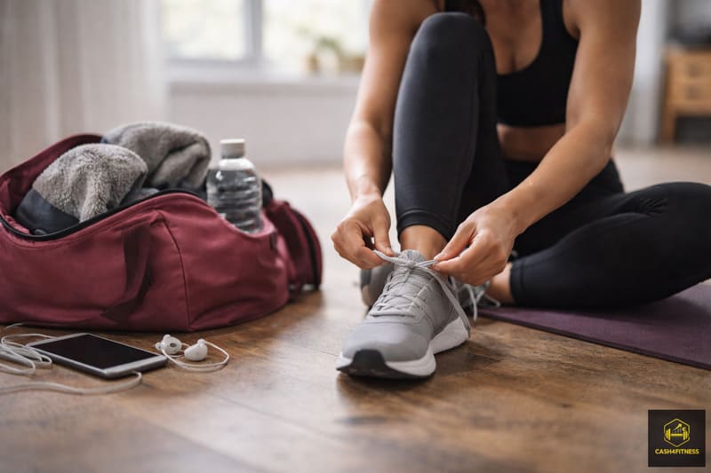 Sportlerin bindet ihre Trainingsschuhe neben Sporttasche und Yogamatte – Symbolbild für Fitness Gewohnheiten aufbauen und Training im Alltag integrieren