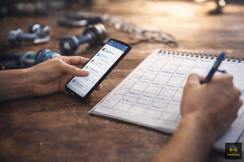 Person plant Trainingsroutine im Kalender mit Smartphone und Fitness-App – Symbolbild für Fitness Gewohnheiten aufbauen durch strukturierte Trainingsplanung