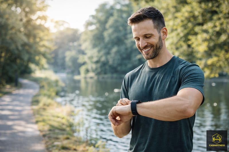 Sportlicher Mann überprüft seine Smartwatch während eines Spaziergangs am Wasser als Symbol für eine langfristige Trainingsroutine und dafür, wie man eine Fitness Routine aufbauen und dauerhaft in den Alltag integrieren kann.