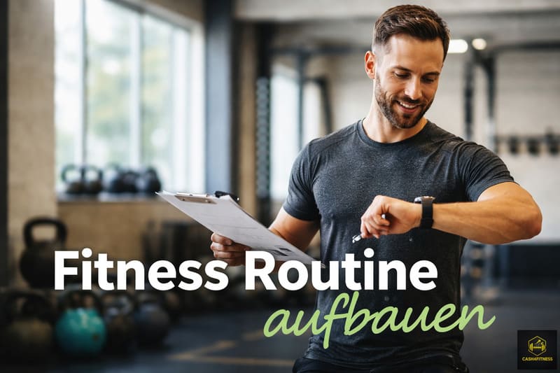 Sportlicher Mann im Fitnessstudio prüft seinen Trainingsplan und seine Uhr als Symbol dafür, wie man eine Fitness Routine aufbauen und Training strukturiert in den Alltag integrieren kann.