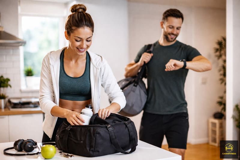 Sportliches Paar bereitet sich zu Hause auf ein Training vor und organisiert Sporttasche und Ausrüstung als Symbol dafür, wie man eine Fitness Routine aufbauen und Training in den Alltag integrieren kann.