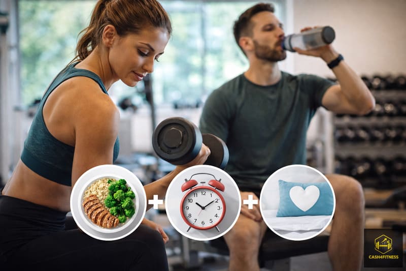 Sportliche Frau trainiert mit Kurzhantel im Fitnessstudio während im Hintergrund ein Mann Wasser trinkt als Symbol für Training, Ernährung und Regeneration beim Aufbau einer Fitness Routine.