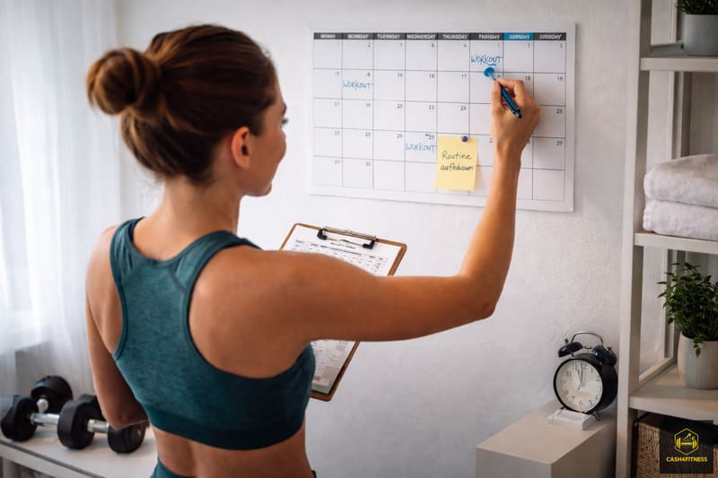 Frau plant ihre Trainingsroutine an einem Kalender zu Hause und organisiert Trainingstage als Beispiel dafür, wie man eine Fitness Routine aufbauen und Training strukturiert in den Alltag integrieren kann.