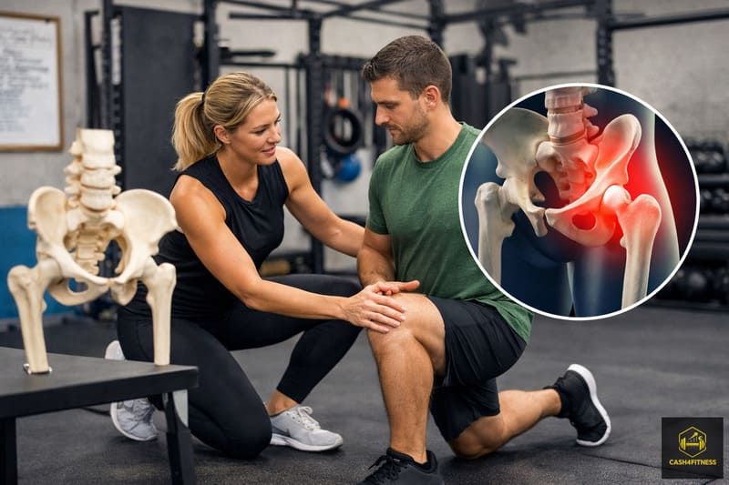 Trainerin erklärt einem Sportler eine Mobilitätsübung für die Hüfte im Fitnessstudio – Beispiel für Mobilitätstraining zur Verbesserung von Gelenkbeweglichkeit und Bewegungsqualität im Training