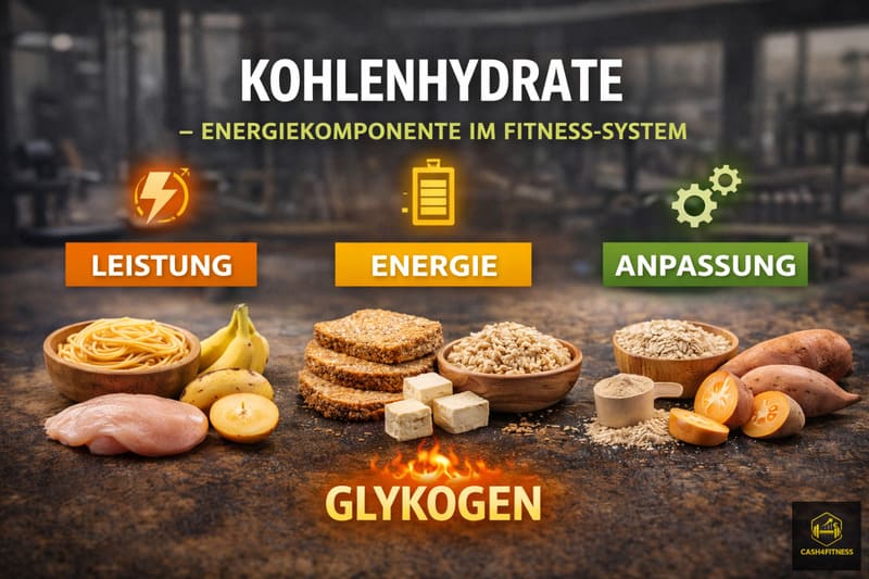 Verschiedene kohlenhydratreiche Lebensmittel wie Haferflocken, Reis, Brot, Bananen und Süßkartoffeln vor Fitnessstudio-Hintergrund als visuelle Darstellung der Rolle von Kohlenhydraten für Energiebereitstellung und Glykogenspeicherung im Fitness-System.