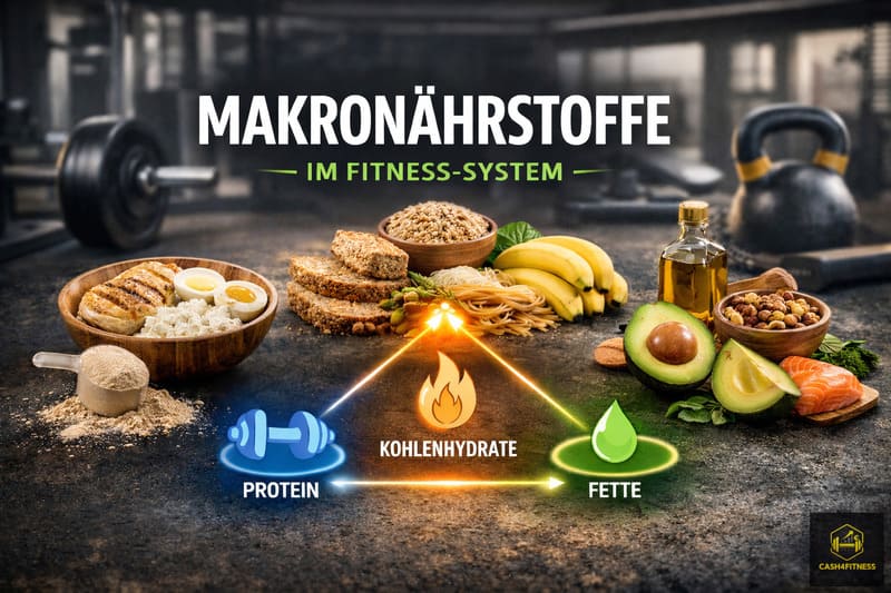 Titelbild zum Artikel „Makronährstoffe im Fitness-System“ mit proteinreichen Lebensmitteln, Kohlenhydratquellen und gesunden Fetten auf einer Trainingsfläche mit Hantel und Kettlebell im Hintergrund.