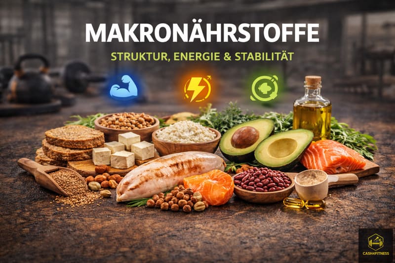 Verschiedene protein-, kohlenhydrat- und fettreiche Lebensmittel auf dunkler Oberfläche vor Fitnessstudio-Hintergrund als visuelle Darstellung des Zusammenspiels der Makronährstoffe im Fitness-System.