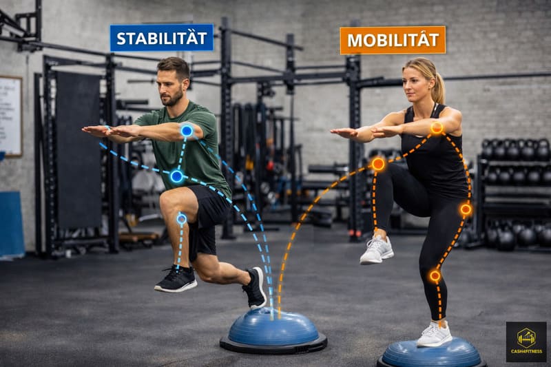 Sportler und Sportlerin führen funktionelle Balance- und Mobilitätsübungen auf Balance-Pads im Fitnessstudio aus – Beispiel für das Zusammenspiel von Mobilität und Stabilität im Training