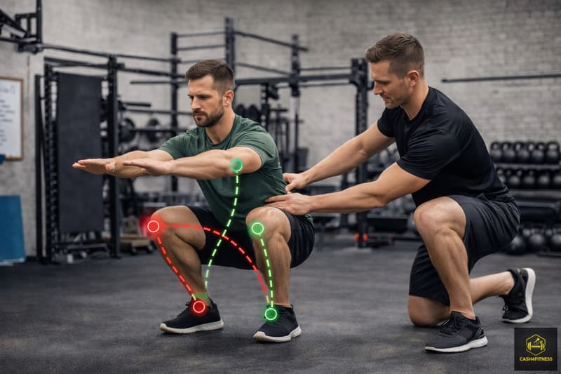 Trainer korrigiert Kniebeuge eines Sportlers im Fitnessstudio – Beispiel für Mobilität, Bewegungsqualität und Verletzungsprävention im Training