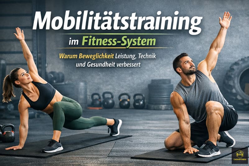 Sportlerin und Sportler führen Mobilitätstraining im Fitnessstudio aus – dynamische Beweglichkeitsübungen für Hüfte und Schulter zur Verbesserung von Beweglichkeit, Technik und Training im Fitness-System