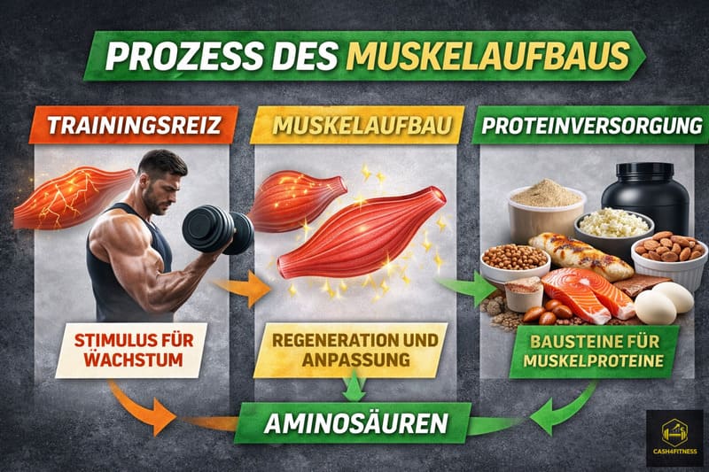 Infografik zum Prozess des Muskelaufbaus mit Trainingsreiz, Muskelproteinsynthese, Regeneration und Proteinversorgung als zentrale Faktoren für Protein für Muskelaufbau und Anpassung der Muskulatur