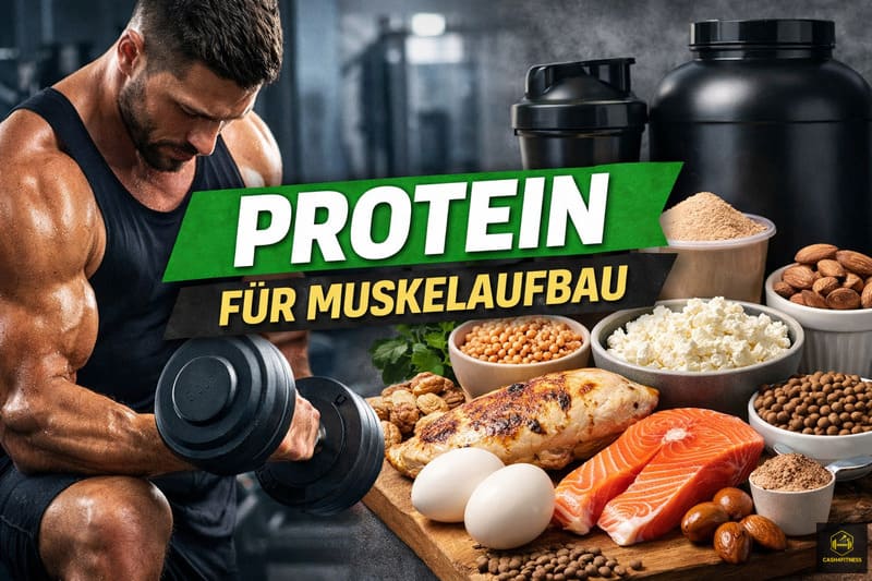 Kraftsportler trainiert mit Kurzhantel im Fitnessstudio neben proteinreichen Lebensmitteln wie Lachs, Hähnchen, Eiern, Quark, Hülsenfrüchten und Nüssen – Symbolbild für Protein für Muskelaufbau, eiweißreiche Ernährung und Muskelaufbau im Fitness-System