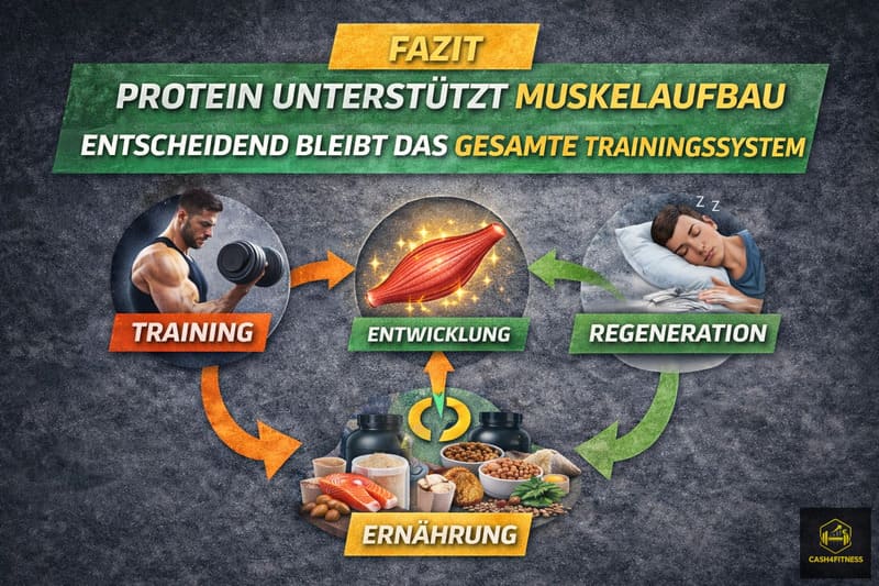 Infografik zum Fitness-System mit Training, Regeneration, Ernährung und Protein für Muskelaufbau als zentrale Faktoren für Muskelentwicklung und Trainingsanpassung