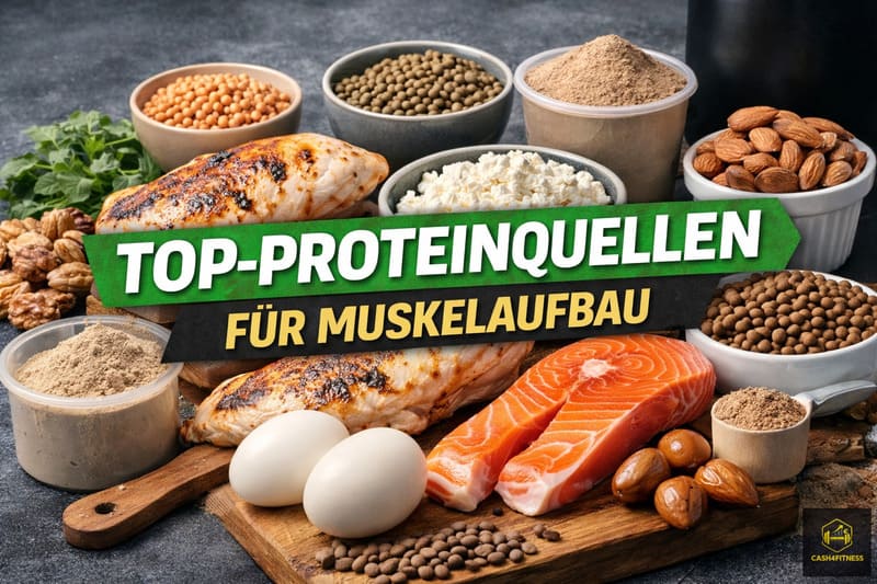 Proteinreiche Lebensmittel wie Lachs, Hähnchen, Eier, Quark, Nüsse, Hülsenfrüchte und Proteinpulver als Beispiel für Protein für Muskelaufbau und eiweißreiche Ernährung im Krafttraining