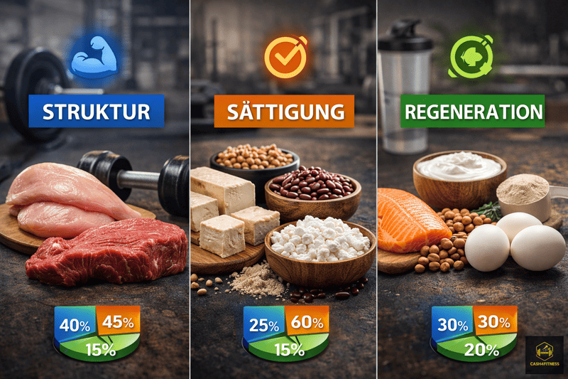 Verschiedene proteinreiche Lebensmittel wie Fleisch, Fisch, Eier, Hüttenkäse und Hülsenfrüchte vor Fitnessstudio-Hintergrund als visuelle Darstellung der Protein-Funktion im Fitness-System für Struktur, Sättigung und Regeneration.
