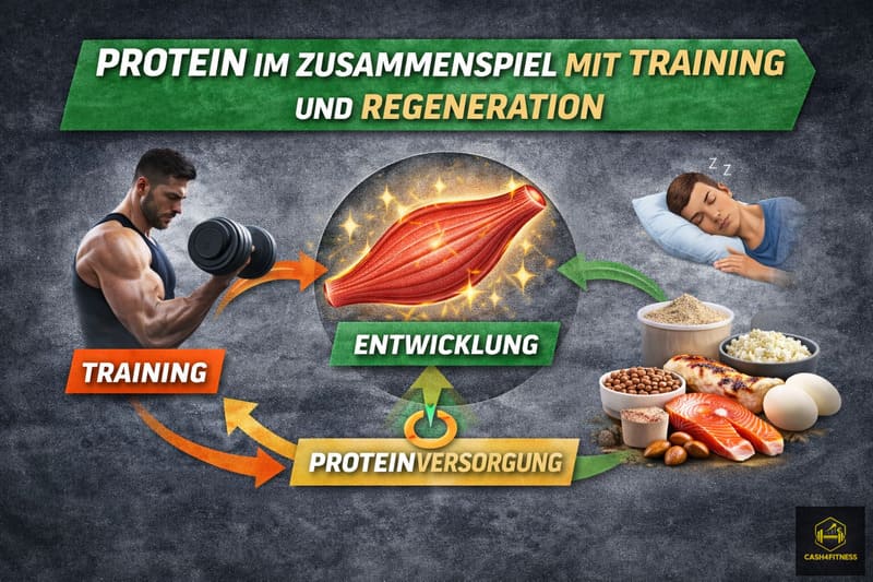 Infografik zum Zusammenspiel von Training, Regeneration und Protein für Muskelaufbau mit Trainingsreiz, Muskelanpassung und eiweißreicher Ernährung als Grundlage für Muskelwachstum