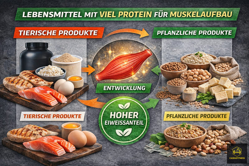 Infografik mit proteinreichen Lebensmitteln für Muskelaufbau wie Fisch, Eier, Fleisch, Quark, Hülsenfrüchte, Nüsse und pflanzliche Proteinquellen als Beispiel für eiweißreiche Ernährung im Fitness-System
