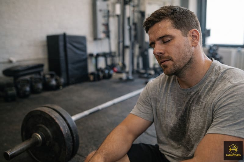 Sportler nach intensiver Trainingseinheit im Fitnessstudio als Symbol für Belastung und beginnende Regeneration im Fitness-System