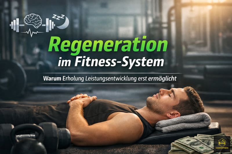 Regeneration im Fitness-System – Sportler liegt entspannt auf Trainingsbank im Fitnessstudio als Symbol für Erholung und Leistungsentwicklung