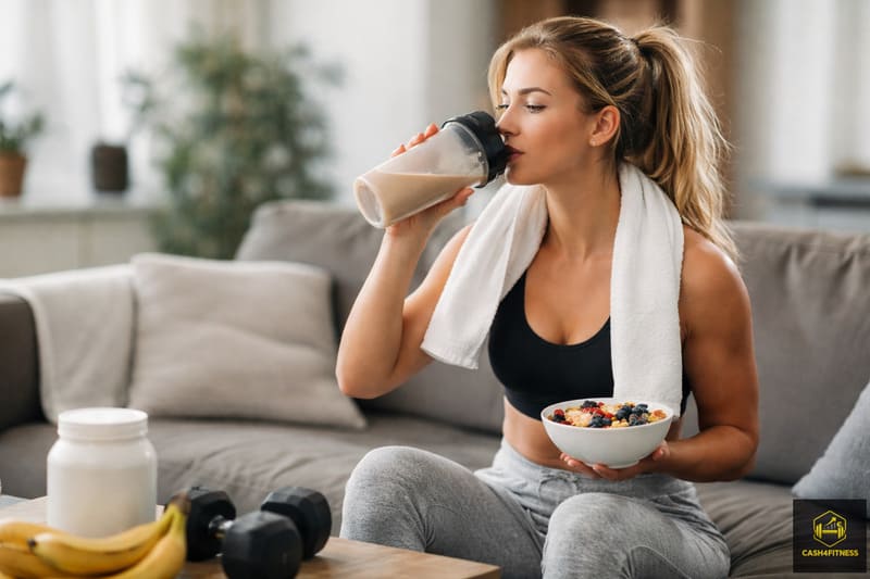 Sportlerin trinkt Proteinshake und isst eine proteinreiche Mahlzeit nach dem Training – Symbolbild für Regeneration nach dem Training, Ernährung und Muskelreparatur im Fitness-System