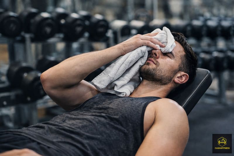 Sportler ruht nach intensivem Krafttraining auf einer Fitnessbank und kühlt sich mit einem Handtuch ab – Symbolbild für Regeneration nach dem Training und körperliche Erholung im Fitness-System