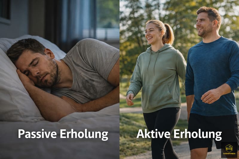 Passive und aktive Erholung im Fitness-System – schlafender Mann als Symbol für Schlafregeneration und Paar beim Spaziergang als Symbol für aktive Erholung