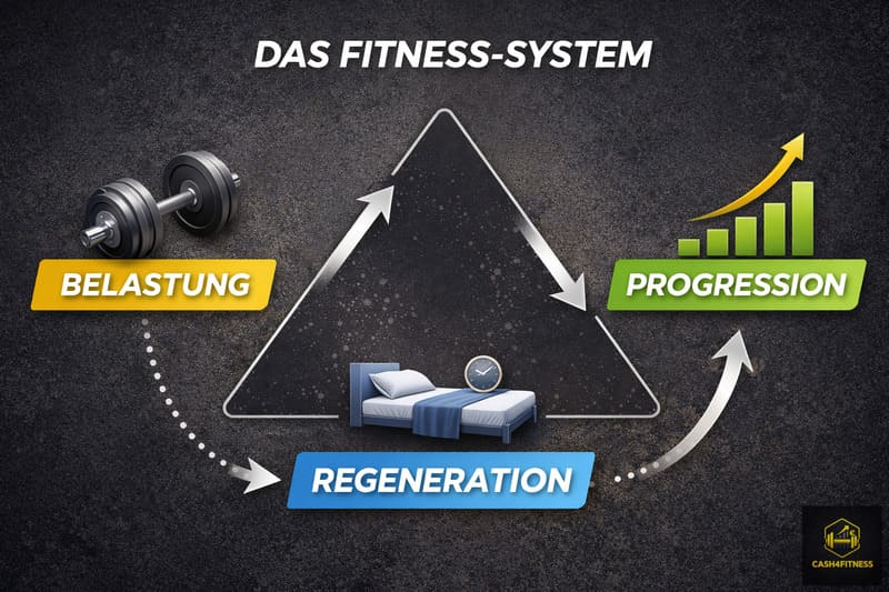 Grafik zeigt die drei zentralen Elemente eines Trainingsplans – Belastung, Regeneration und Progression im Fitness-System
