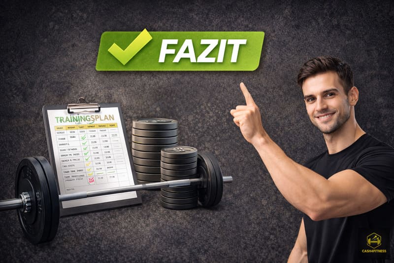 Sportlicher Mann zeigt auf Trainingsplan und Hanteltraining als Symbol für Trainingsplan erstellen im Fitness-System und strukturierten Trainingsfortschritt