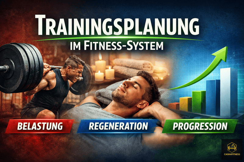 Trainingsplanung im Fitness-System mit Darstellung von Belastung im Krafttraining, Regeneration in Ruhephase und Progression als Leistungssteigerung im Diagramm