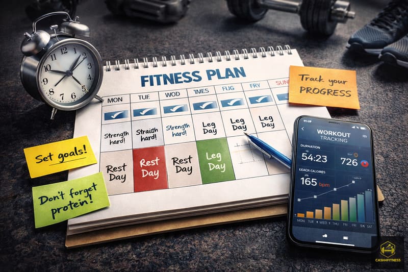 Wochenplan zur Trainingsplanung im Fitness-System mit Trainings- und Regenerationstagen sowie Smartphone zur Fortschrittskontrolle