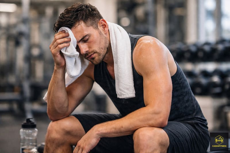 Erschöpfter Sportler sitzt nach intensivem Training auf einer Fitnessbank und wischt sich den Schweiß von der Stirn – Symbolbild für zu wenig Regeneration nach dem Training und körperliche Überlastung