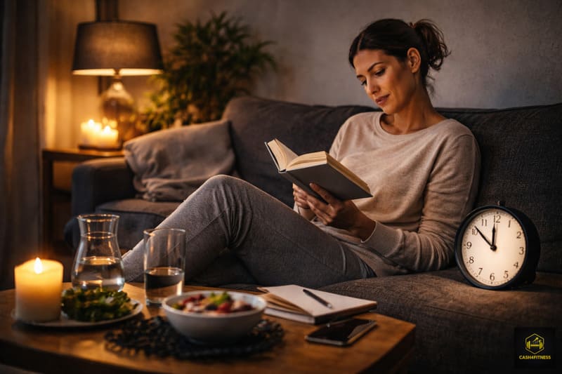Entspannte Abendroutine mit Buch und gesunder Ernährung zur Unterstützung von Regeneration und Schlaf im Fitness-System