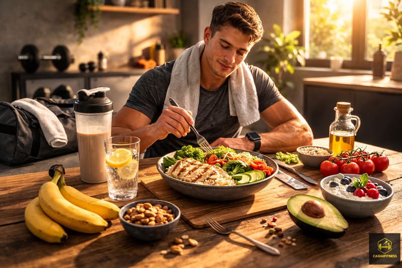 Sportliche Person nach dem Training mit gesunder Mahlzeit – Symbolbild für Ernährung Regeneration nach dem Training, Muskelaufbau und Erholung im Fitness-System