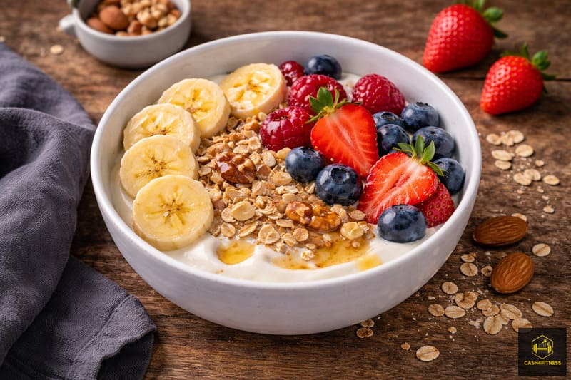 Schnelle Post-Workout Mahlzeit mit Magerquark, Beeren, Banane und Haferflocken – Beispiel für Ernährung Regeneration nach dem Training im Alltag und einfache eiweißreiche Mahlzeit