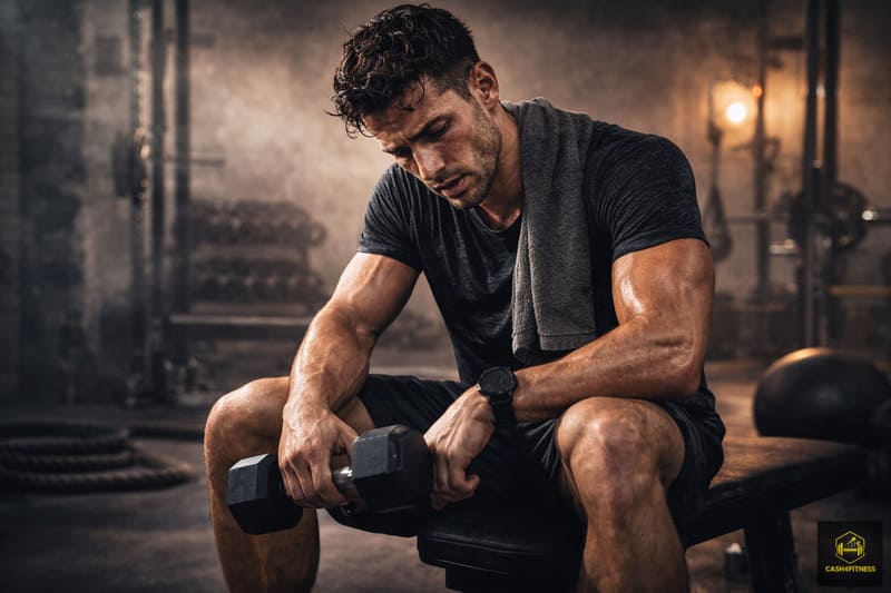Erschöpfter Sportler nach intensivem Training im Fitnessstudio – Symbolbild für Belastung, Muskelermüdung und den Bedarf an Regeneration nach dem Training im Fitness-System