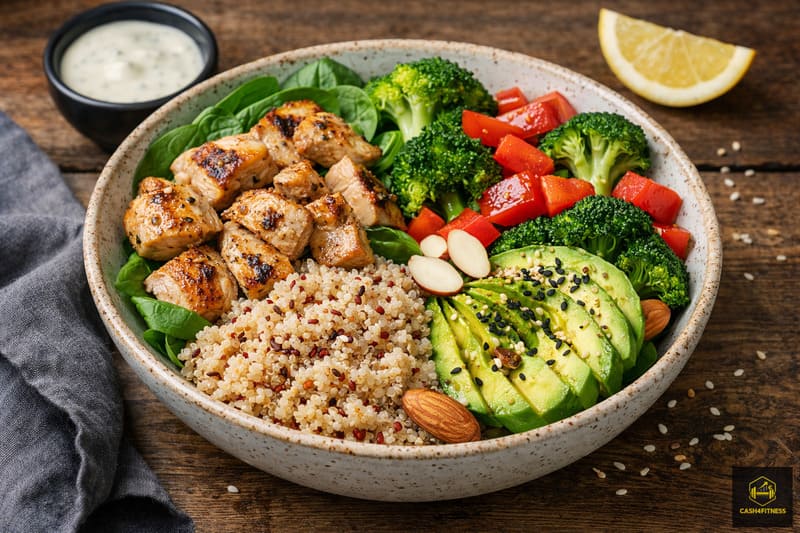 Proteinreiche Regenerations-Bowl mit Hähnchen, Quinoa, Gemüse und Avocado – Beispiel für Ernährung Regeneration nach dem Training und ausgewogene Makronährstoffverteilung im Fitness-System