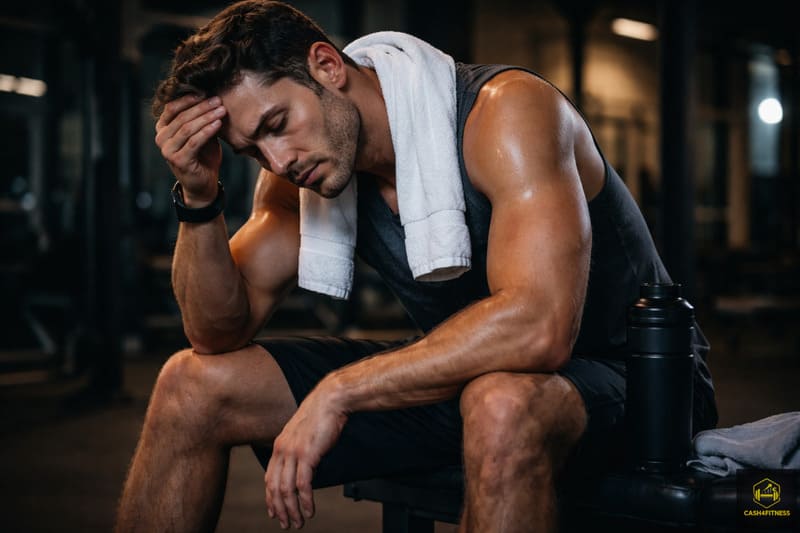 Sportler erschöpft nach Training durch Schlafmangel als Ursache für Leistungsabfall im Fitness-System