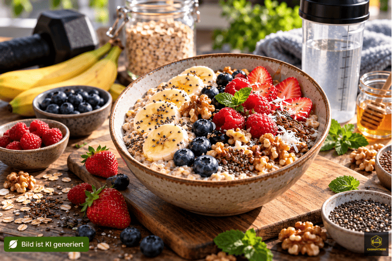 Beeren-Hafer-Bowl mit Haferflocken, Banane, Heidelbeeren, Himbeeren, Erdbeeren, Walnüssen und Samen als regenerationsorientierte Mahlzeit für Sportler