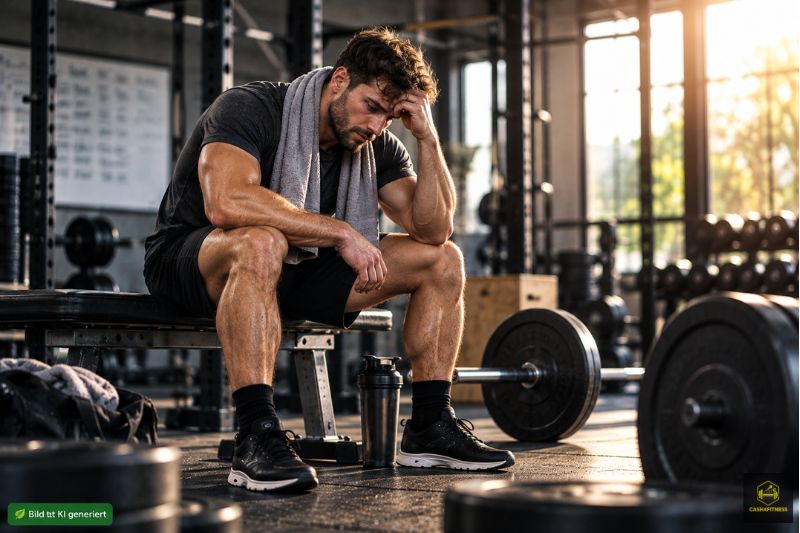 Erschöpfter Kraftsportler sitzt nach dem Training auf einer Bank im Fitnessstudio und zeigt typische Anzeichen hoher Trainingsbelastung.