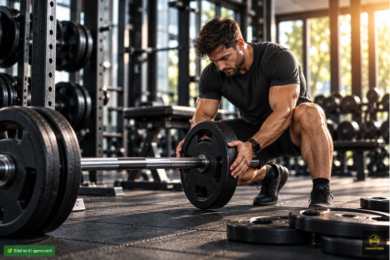 Kraftsportler reduziert im Fitnessstudio das Gewicht an einer Langhantel für eine bewusst leichtere Deload-Einheit.