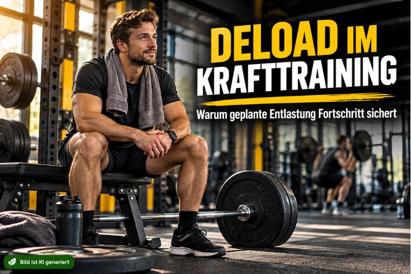 Kraftsportler sitzt im Fitnessstudio während einer Deload-Phase neben Langhantel und Gewichten; im Bild steht der Titel „Deload im Krafttraining“.
