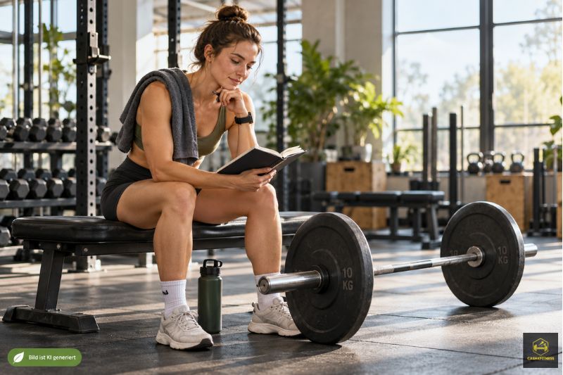 Kraftsportlerin sitzt nach einer leichten Trainingseinheit im Fitnessstudio auf einer Bank und plant ihren Wiedereinstieg nach dem Deload.
