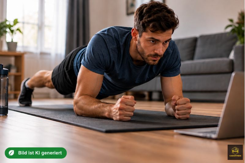 Disziplin im Fitness-Alltag - Mann absolviert ein Home-Workout auf einer Trainingsmatte und hält trotz Alltag an seiner Fitnessroutine fest.