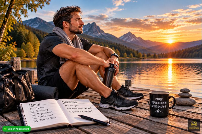 Sportlicher Mann sitzt nach dem Training an einem Bergsee und reflektiert seine Fitnessroutine, Regeneration und langfristigen Ziele.