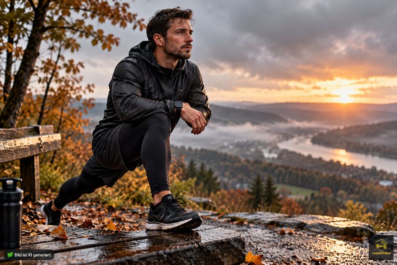 Disziplin im Fitness-Alltag: Sportlicher Mann trainiert bei nassem Herbstwetter im Freien und hält trotz schwieriger Bedingungen an seiner Routine fest.