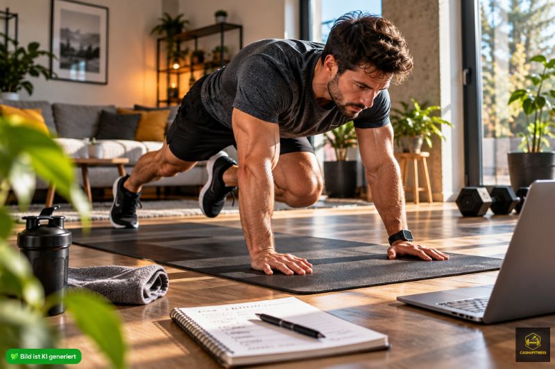 Mann trainiert konzentriert zu Hause auf einer Fitnessmatte und beginnt sein Workout trotz möglicher Motivationsschwankungen.