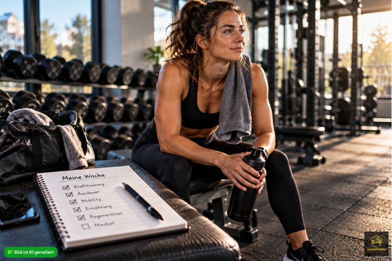Sportliche Frau sitzt nach dem Training im Fitnessstudio neben einem Wochenplan mit fest eingeplanten Trainingseinheiten.