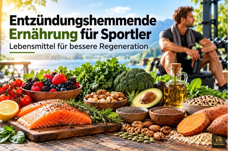 Entzündungshemmende Ernährung für Sportler mit Lachs, Beeren, Avocado, Brokkoli, Nüssen und Samen zur Unterstützung von Regeneration und Leistungsfähigkeit