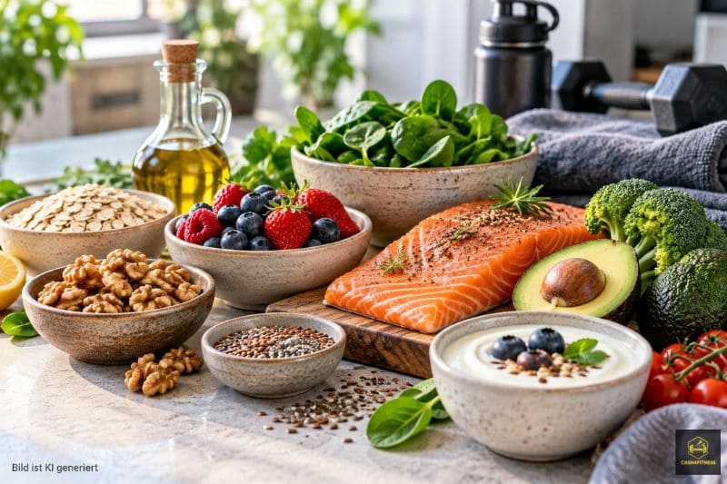 Ausgewogene Auswahl aus Lachs, Beeren, Haferflocken, Walnüssen, Avocado, Brokkoli und Blattgemüse als Beispiel für entzündungshemmende Ernährung für Sportler
