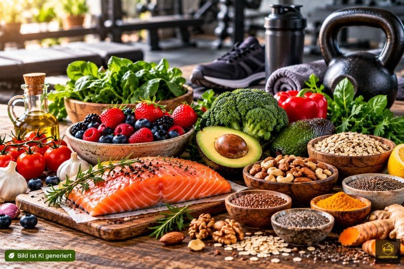 Lachs, Beeren, Brokkoli, Avocado, Nüsse, Samen, Haferflocken und Gemüse als Auswahl entzündungshemmender Lebensmittel für Sportler